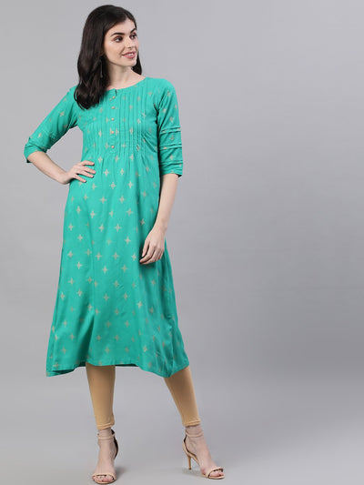 Women Green Calf Length Three-Quarter Sleeves A-Line Ethnic Motifs Printed Viscose Rayon Kurta