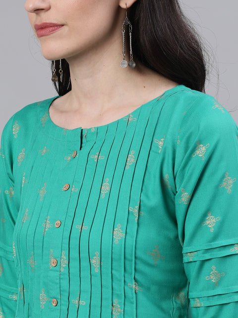 Women Green Calf Length Three-Quarter Sleeves A-Line Ethnic Motifs Printed Viscose Rayon Kurta
