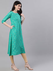 Women Green Calf Length Three-Quarter Sleeves A-Line Ethnic Motifs Printed Viscose Rayon Kurta