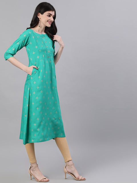 Women Green Calf Length Three-Quarter Sleeves A-Line Ethnic Motifs Printed Viscose Rayon Kurta