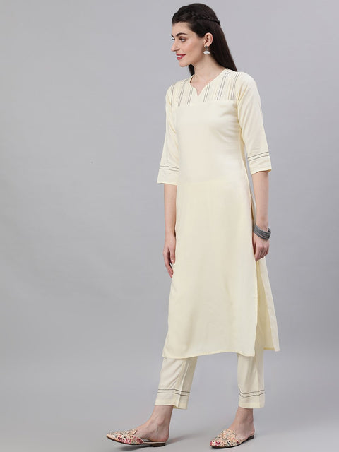 Women Cream Three-Quarter Sleeves Straight Kurta Palazzo With Dupatta