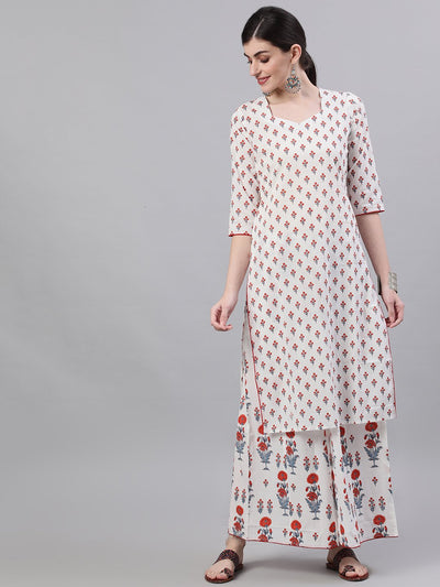 Women White Three-Quarter Sleeves Straight Kurta and Wide leg Palazzo Set