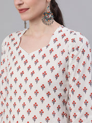 Women White Three-Quarter Sleeves Straight Kurta and Wide leg Palazzo Set