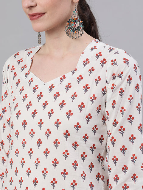 Women White Three-Quarter Sleeves Straight Kurta and Wide leg Palazzo Set