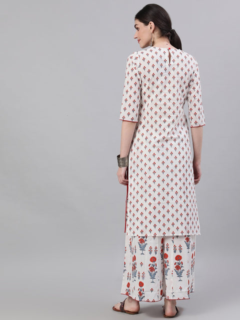 Women White Three-Quarter Sleeves Straight Kurta and Wide leg Palazzo Set