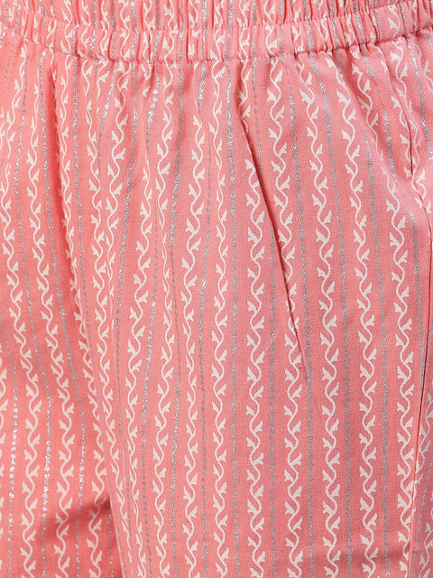Women Light Pastel Pink Three-Quarter Sleeves Flared Kurta With Palazzo