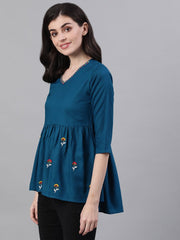 Women Teal Blue Three-Quarter Sleeves Gathered or Pleated Top