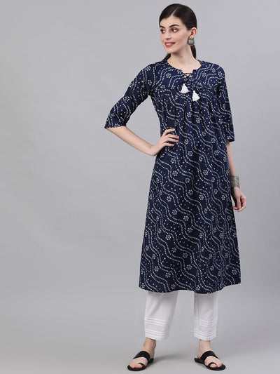 Women Navy Blue Three-Quarter Sleeves Flared Kurta With Palazzo