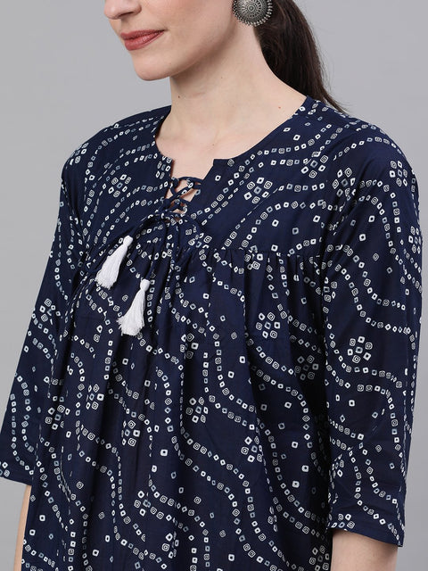 Women Navy Blue Three-Quarter Sleeves Flared Kurta With Palazzo