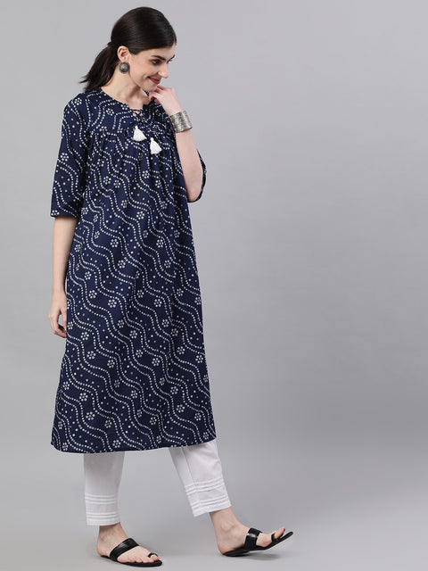 Women Navy Blue Three-Quarter Sleeves Flared Kurta With Palazzo