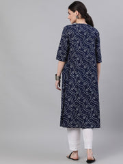 Women Navy Blue Three-Quarter Sleeves Flared Kurta With Palazzo