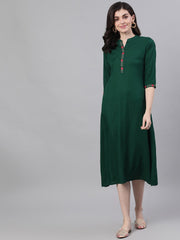 Women Green Solid Solid Mandarin Collar Viscose Rayon A-Line Dress