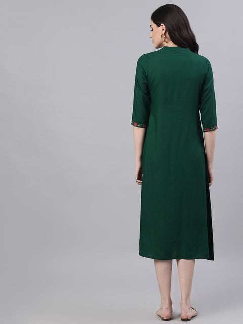 Women Green Solid Solid Mandarin Collar Viscose Rayon A-Line Dress