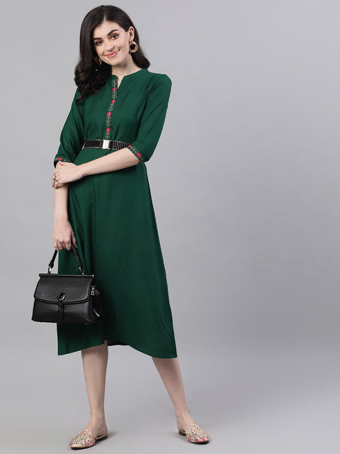 Women Green Solid Solid Mandarin Collar Viscose Rayon A-Line Dress