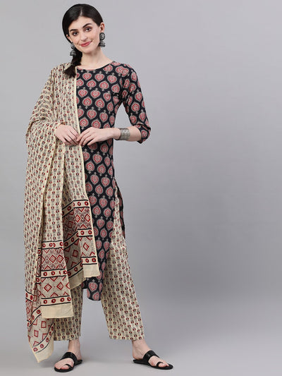 Women Black Three-Quarter Sleeves Straight Kurta Palazzo With Dupatta