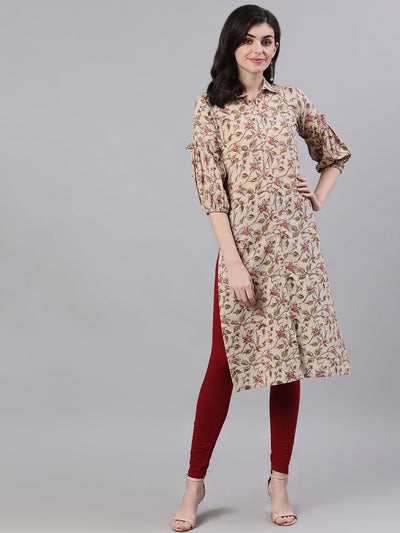 Women Beige Calf Length Three-Quarter Sleeves Straight Floral Printed Cotton Kurta