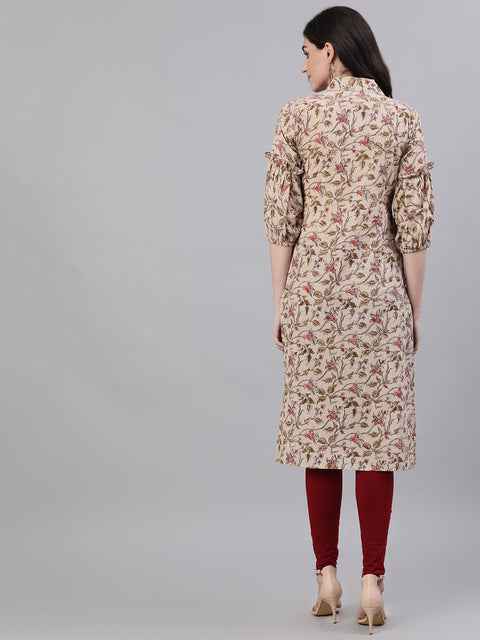 Women Beige Calf Length Three-Quarter Sleeves Straight Floral Printed Cotton Kurta