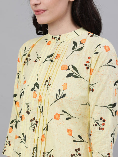 Women yellow floral print pin-tuck tunic