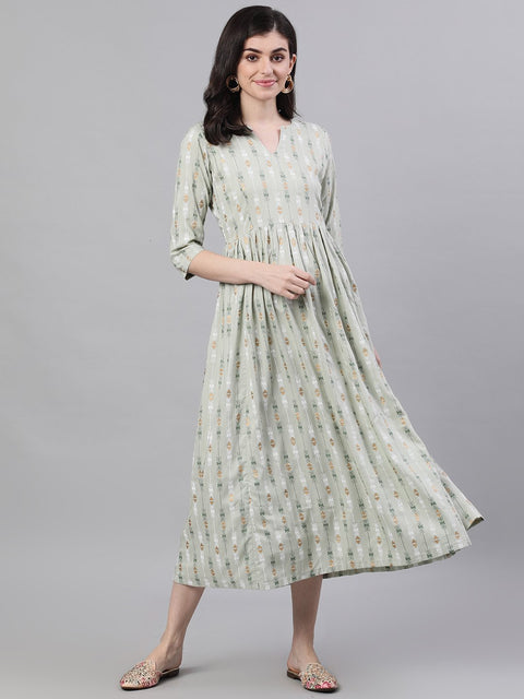 Women Sage Green Geometric Printed V-Neck Viscose Rayon Fit and Flare Dress