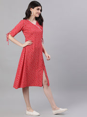 Women Red Striped Striped V-Neck Viscose Rayon A-Line Dress