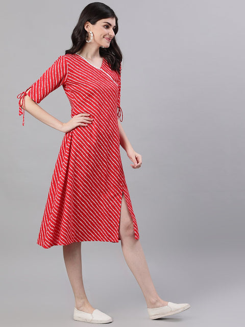 Women Red Striped Striped V-Neck Viscose Rayon A-Line Dress