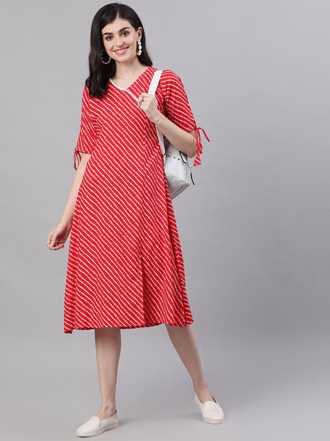 Women Red Striped Striped V-Neck Viscose Rayon A-Line Dress