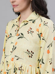 Women Yellow Floral Printed Shirt Collar Cotton A-Line Dress