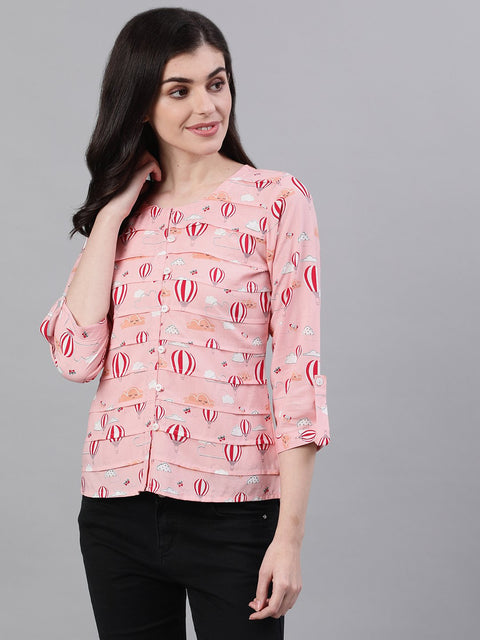 Women Peach Three-Quarter Sleeves Gathered or Pleated Top