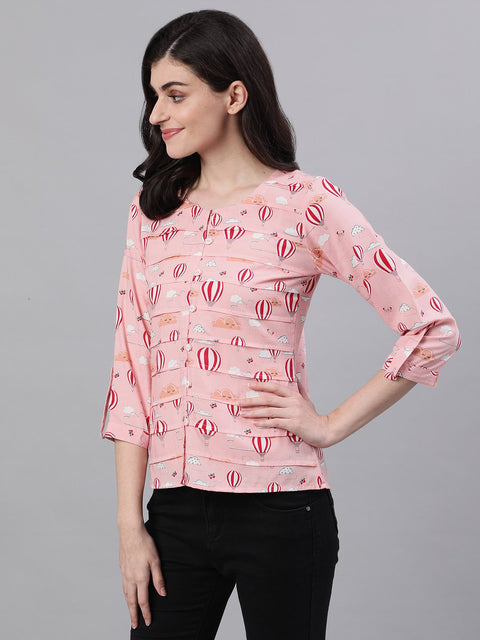 Women Peach Three-Quarter Sleeves Gathered or Pleated Top