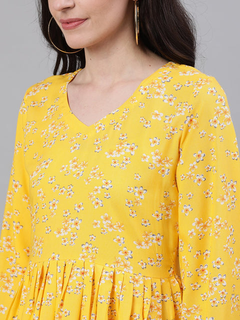 Women Yellow Three-Quarter Sleeves Gathered or Pleated Top