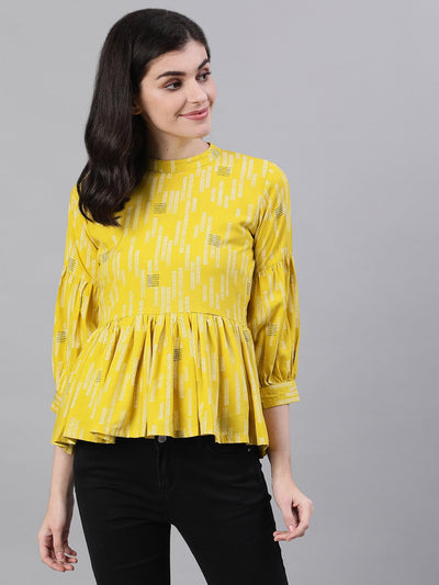 Women Yellow Three-Quarter Sleeves Gathered or Pleated Top