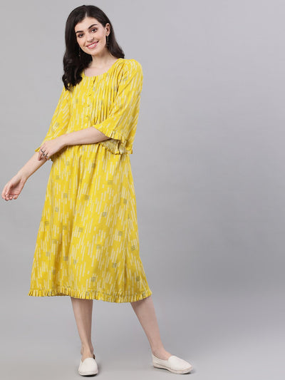 Women Yellow Conversational Printed Round Neck Viscose Rayon A-Line Dress