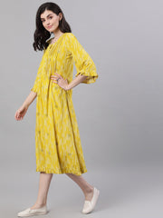 Women Yellow Conversational Printed Round Neck Viscose Rayon A-Line Dress