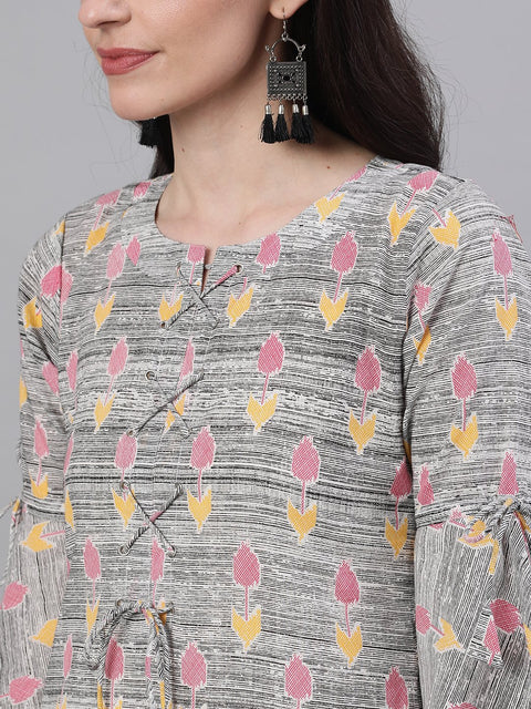 Women Grey Ethnic Motifs Printed V-Neck Cotton A-Line Dress