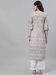 Women Grey Ethnic Motifs Printed V-Neck Cotton A-Line Dress