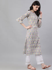 Women Grey Ethnic Motifs Printed V-Neck Cotton A-Line Dress