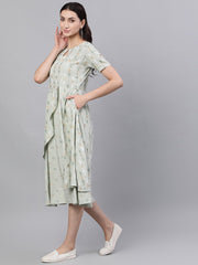 Women Sage Green Geometric Printed Keyhole Neck Viscose Rayon Fit and Flare Dress