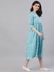 Women Blue Floral Printed V-Neck Cotton Fit and Flare Dress
