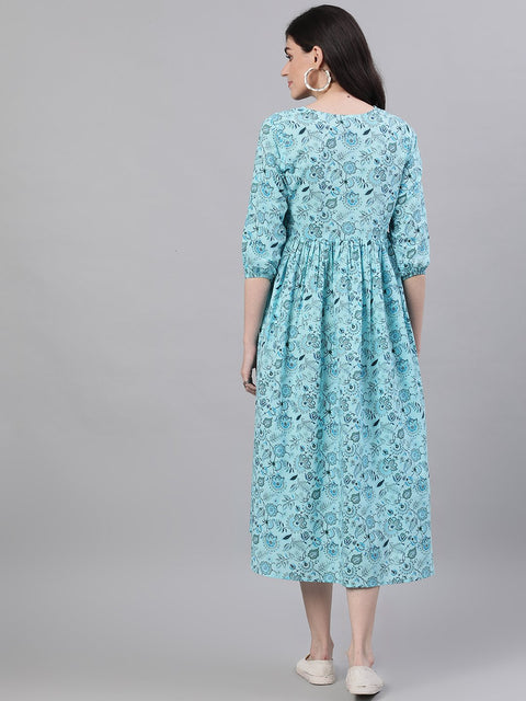 Women Blue Floral Printed V-Neck Cotton Fit and Flare Dress