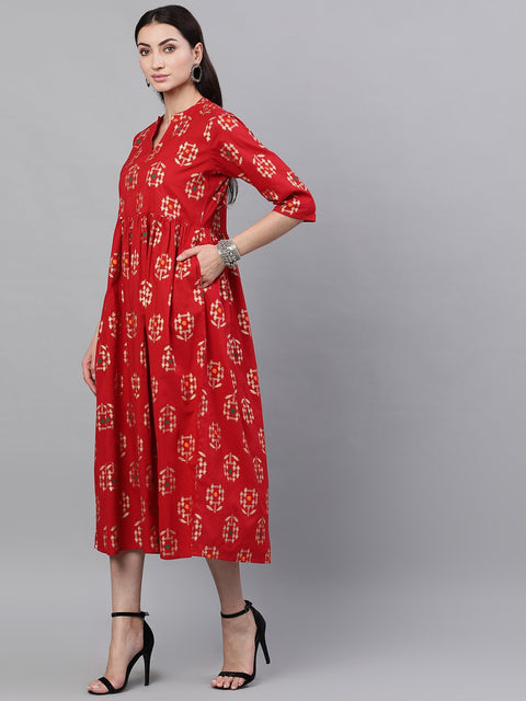 Women Red Ethnic Motifs Printed Mandarin Collar Viscose Rayon Maxi Dress