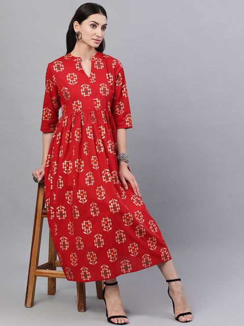 Women Red Ethnic Motifs Printed Mandarin Collar Viscose Rayon Maxi Dress
