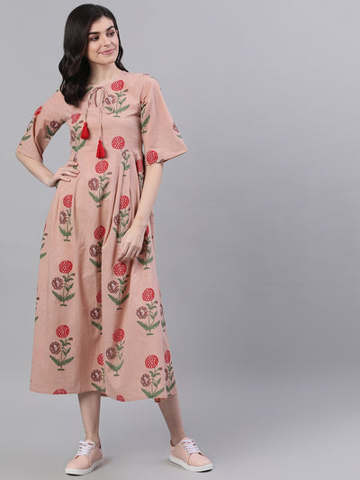 Women Dusty Pink Floral Printed Tie-Up Neck Cotton Maxi Dress