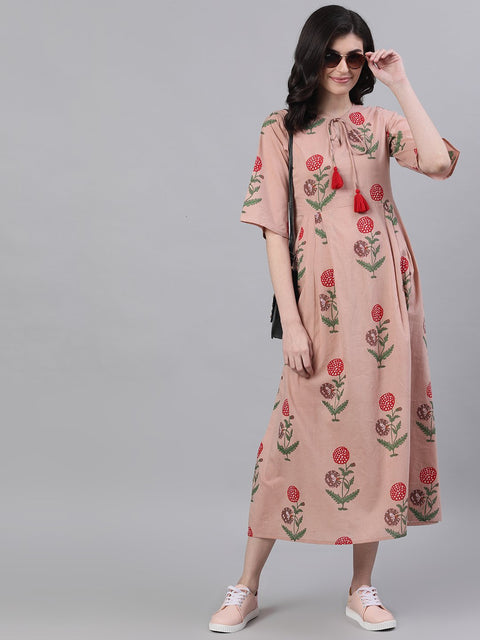 Women Dusty Pink Floral Printed Tie-Up Neck Cotton Maxi Dress
