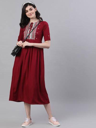 Women Maroon Solid Embroidered Tie-Up Neck Viscose Rayon A-Line Dress