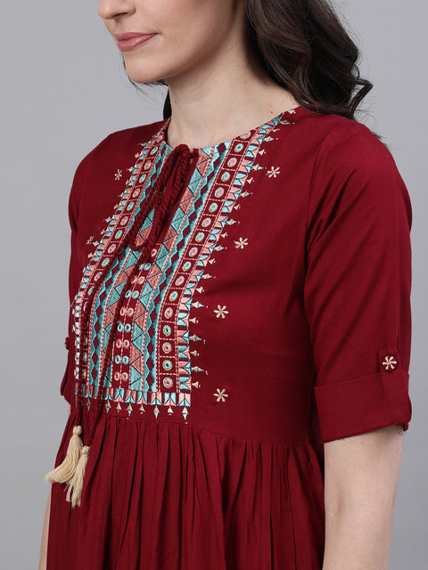 Women Maroon Solid Embroidered Tie-Up Neck Viscose Rayon A-Line Dress
