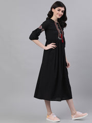 Women Navy Black Solid Solid Tie-Up Neck Viscose Rayon Fit and Flare Dress
