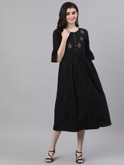 Women Black Solid Solid Round Neck Cotton Maxi Dress