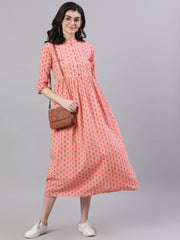 Women Pink Floral Printed Mandarin Collar Cotton Maxi Dress