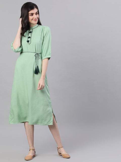 Women Pastel Green Solid Solid Mandarin Collar Viscose Rayon Maxi Dress