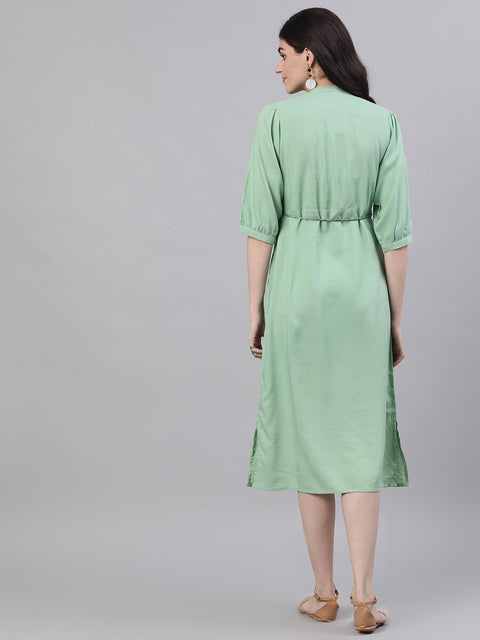 Women Pastel Green Solid Solid Mandarin Collar Viscose Rayon Maxi Dress